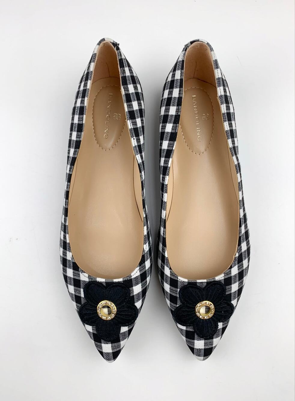Bandolino Starry 2 Black White Check Flats Flower Pointed Toe Shoes Women's 7.5